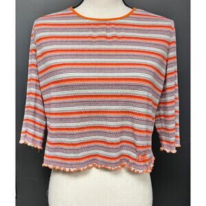 Vintage women's L 90s 2000's stretch crop relaxed fit crew neck stripe tee